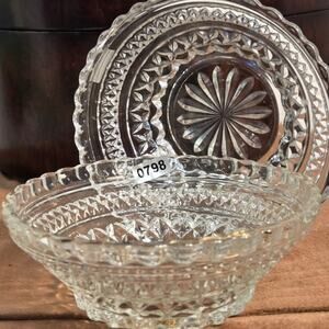 Vintage Pressed Glass Bowls 5 in Clear Starburst Diamond Pattern Scalloped Edge
